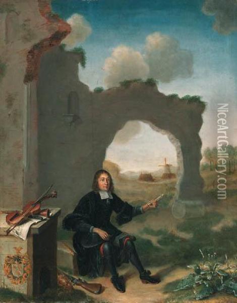 Portrait Of A Gentleman, Small Full-length, Seated On A Stone Blockholding A Flute, Before A Ruined Church In A Wooded Landscape,musical Instruments And A Score On A Stone Bench, A Gun And A Deadduck At His Feet Oil Painting - G. Meall