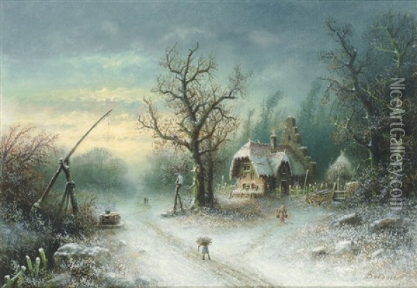 Russische Winterlandschaft Mit Malerischer Kate Und Figurenstaffage Oil Painting - Albert Bredow