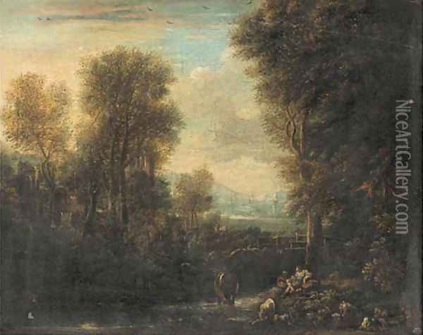 An Italianate river landscape with a drover and his cattle resting on a river bank, other figures beyond Oil Painting - Gaspard Dughet