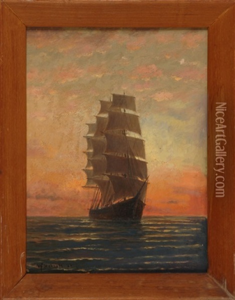 Full Rigged Ship Under Sunset Skies Oil Painting - William Formby Halsall