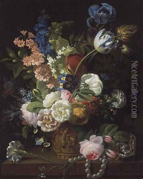 A Still Life of Roses, Tulips, Carnations, Stocks and Other Flowers in a Decorative Urn, Resting on a Stone Ledge Oil Painting - Jean-Louis Prevost