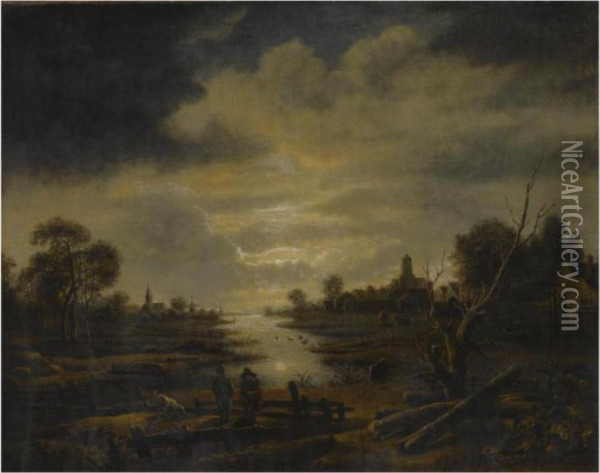An Extensive Moonlit River Landscape Oil Painting - Aert van der Neer