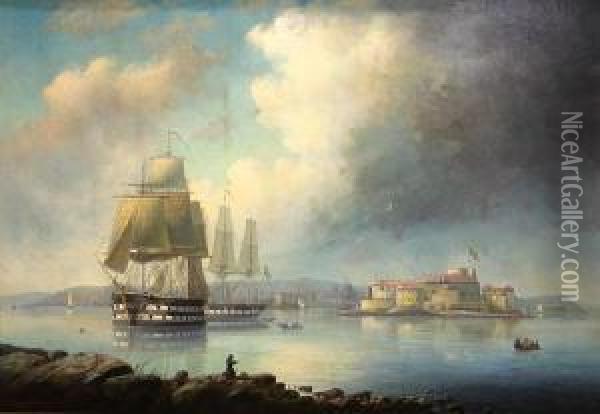 Ships In A Swedish Harbor With A Castle Beyond Oil Painting - Alfred Wistrom