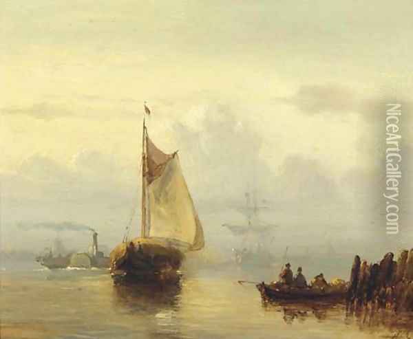 Steamship 'De Schelde' passing a haybarge on a misty morning Oil Painting - Hermanus Koekkoek
