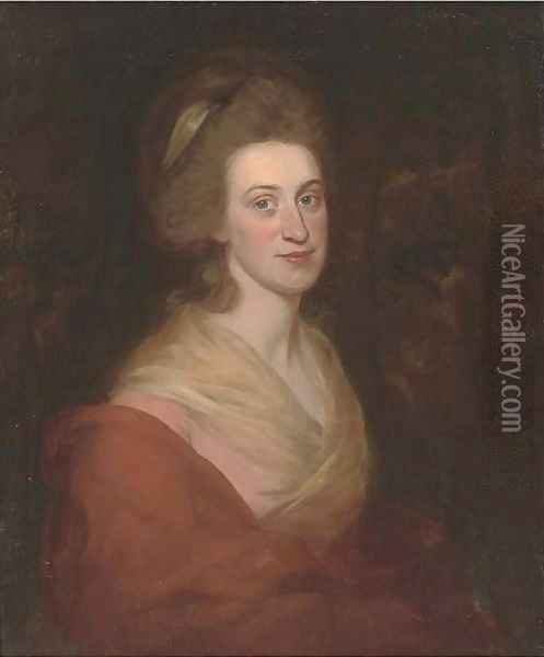Portrait of a lady, half-length, in a pink dress and orange wrap Oil Painting - George Romney
