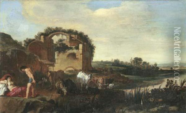An Italianate Landscape With Shepherds Resting With Their Cattle Near A Ruin Oil Painting - Moyses or Moses Matheusz. van Uyttenbroeck