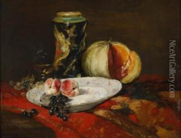 Melon, Vase Et Fruits. Oil Painting - Raymond Allegre