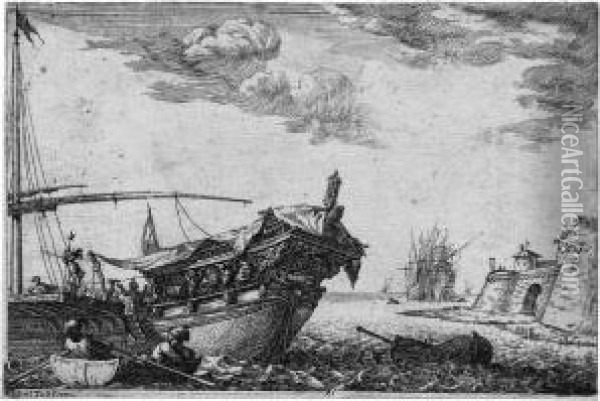 Kriegsschiff Und Segler In Einem Befestigten Hafen Oil Painting - Antonio Domenico Triva