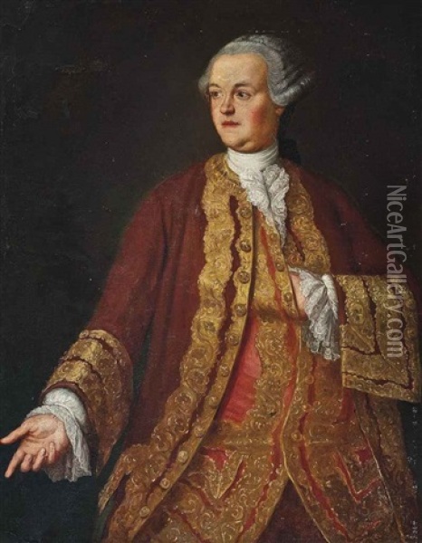 Portrait Of A Gentleman In A Red Coat And Waistcoat With Gold Brocade Oil Painting - Pompeo Girolamo Batoni