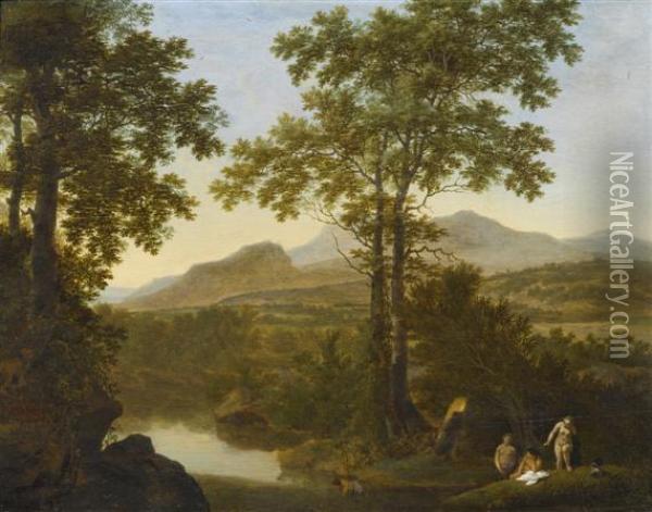 Italian Landscape With Tall Trees And Bathing Nymphsin The River Oil Painting - Willem de Heusch