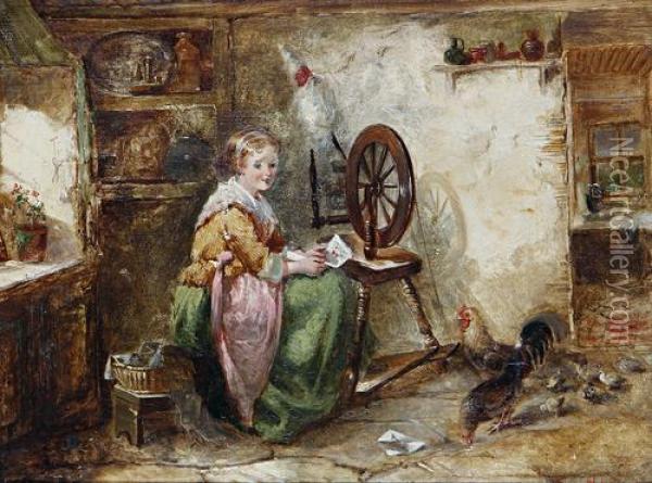 A Girl At Her Spinning Wheel, In A Cottage Interior Oil Painting - Kate Gray