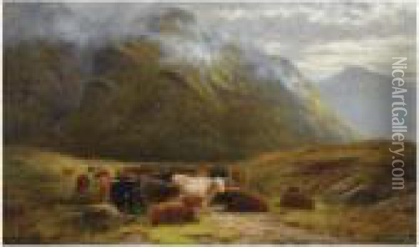 Highland Cattle Resting Near Buchal Etive, Glen Coe Oil Painting - Louis Bosworth Hurt