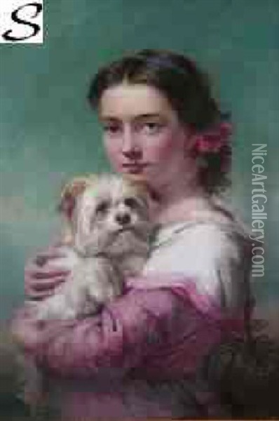 Young Woman In Pink Dress Holding A Terrier Oil Painting - James John Hill