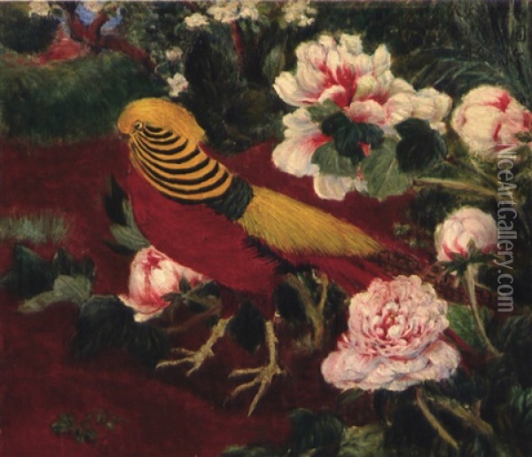 Spring Garden And Golden Pheasant Oil Painting - Ryusei Kishida