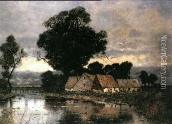 Cottages Beside A River At Sunset Oil Painting - Karl Heffner