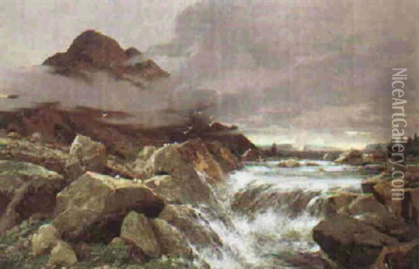 Norwegische Landschaft Mit Wasserfall Oil Painting - Adolf Kaufmann