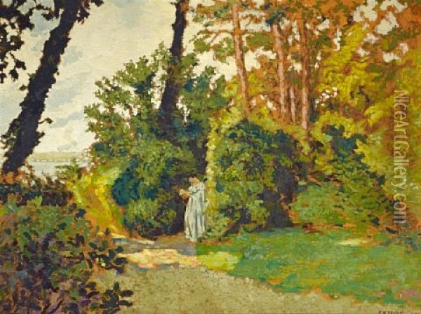 A Wooded Landscape With A Figure On A Path Oil Painting - Ker Xavier Roussel