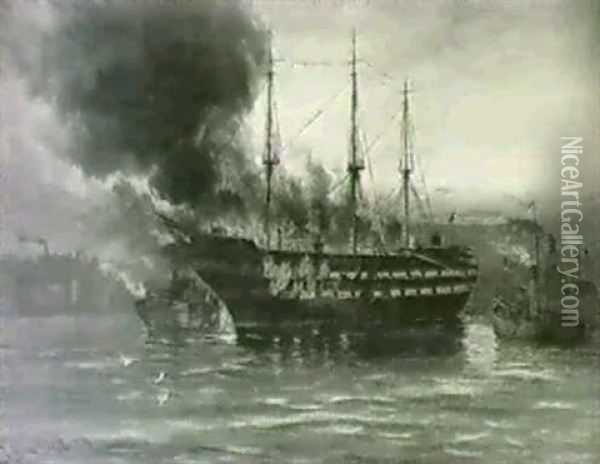 Wellesley Training Ship; Burning Of                         The Wellesley, March 11th 1914 Oil Painting - J(ohn) D(avison) Liddell