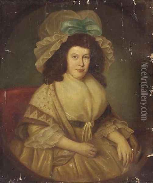 Portrait of a lady, seated three-quarter-length, in a white dress and mop hat with a blue ribbon Oil Painting - English School