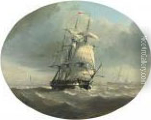 A Three-master And Other Shipping In A Stiff Offshore Breeze Oil Painting - John Moore Of Ipswich