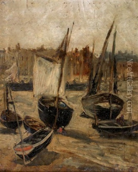 Barques Et Bateaux Dans Le Port A Marree Basse Oil Painting - Edouard-Jacques Dufeu