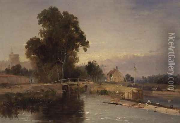 Barge with a Lock Gate and Windsor Beyond Oil Painting - James Baker Pyne