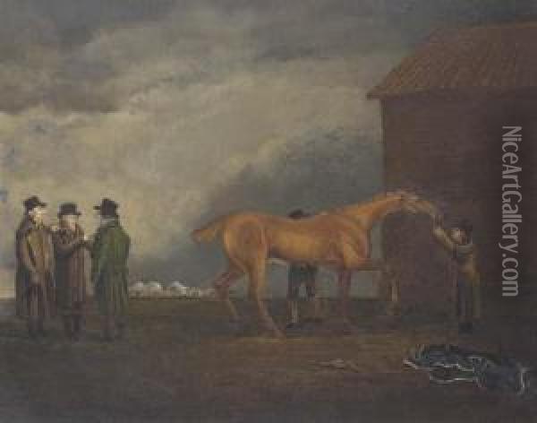 Rubbing Down Muly Moloch, With Portraits Of Trotter, Hardy Andsimpson Oil Painting - Benjamin Marshall