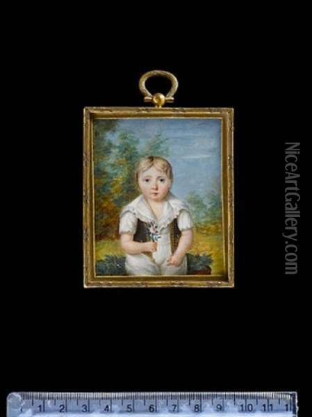 A Boy, Possibly Of The Dupont Family, Seated In A Landscape, Wearing White Pantaloons, Short-sleeved Chemise With Frilled Wide Collar And Black Waistcoat Oil Painting - Philip A. Peticolas