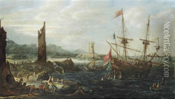 A Coastal Scene With A Warship Flying The Papal Warflag And A Dutch Sloop Before A Harbour Entrance Oil Painting - Andries Van Eertvelt