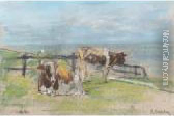 Vaches Sur La Falaise A Villerville Oil Painting - Eugene Boudin