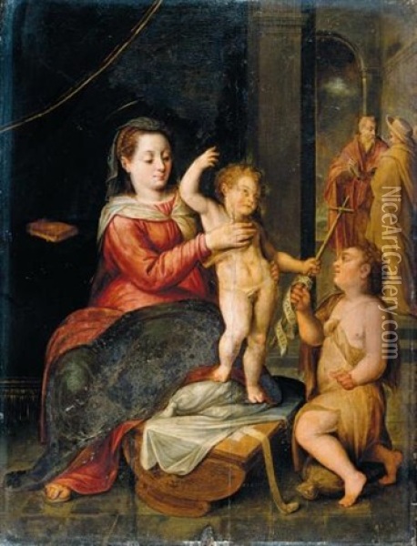The Virgin And Child In A Classical Setting, St. John The Baptist Kneeling Nearby Oil Painting - Bernaert de Ryckere