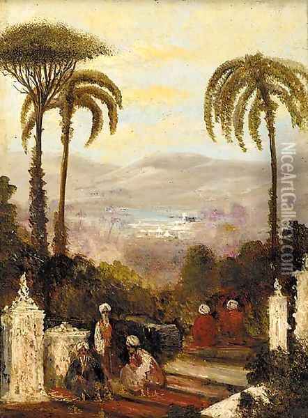 Figures on a terrace in an Eastern landscape Oil Painting - William James Muller