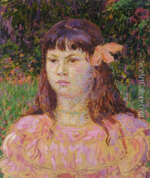 Le Ruban Rose (portrait De Sylvie Lacombe) Oil Painting - Theo van Rysselberghe