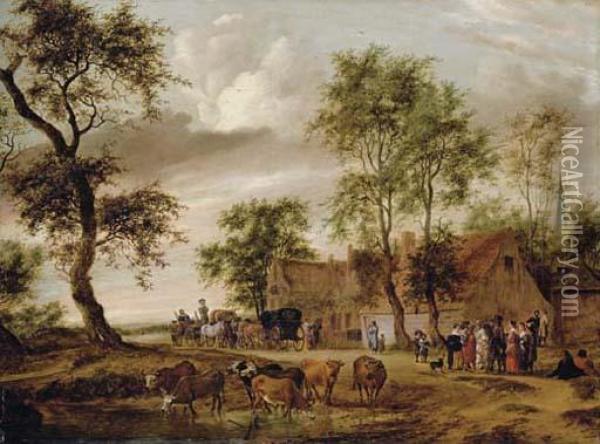 A Village Landscape Oil Painting - Salomon van Ruysdael
