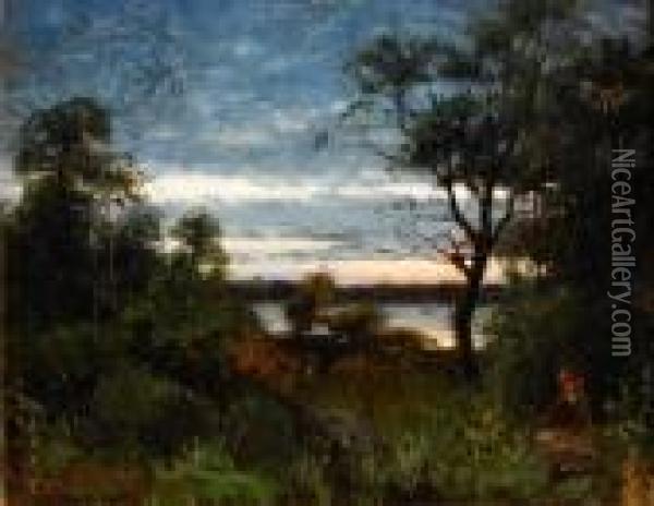 Solnedgang I Havet - Flicka I Hatt Med Blomsterbukett Oil Painting - Per Ekstrom