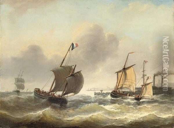 Full Sail On Choppy Waters Near A Harbour Entrance Oil Painting - Christiaan Cornelis Kannemans