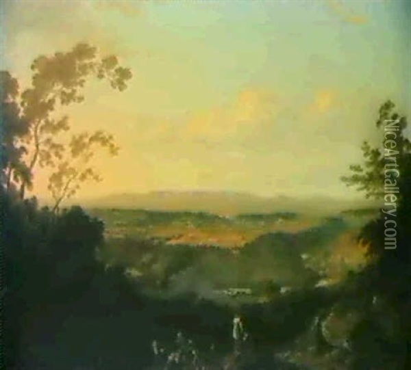 The Valley Of The Wye Looking Towards Chepstow And          Piercefield Oil Painting - Julius Caesar Ibbetson