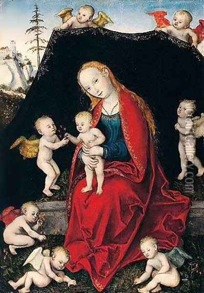 The virgin and child with seven angels Oil Painting - Lucas The Younger Cranach