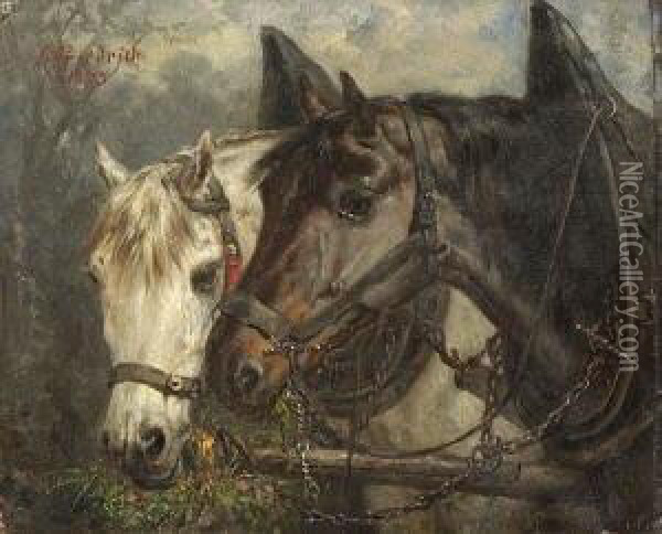 Zwei Pferde An Der
 Futterkrippe. Oil Painting - Gustav Adolf Friedrich