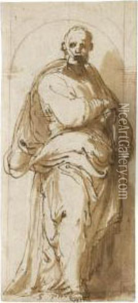 : St Peter Standing In A Niche Oil Painting - Perino del Vaga (Pietro Bonaccors)