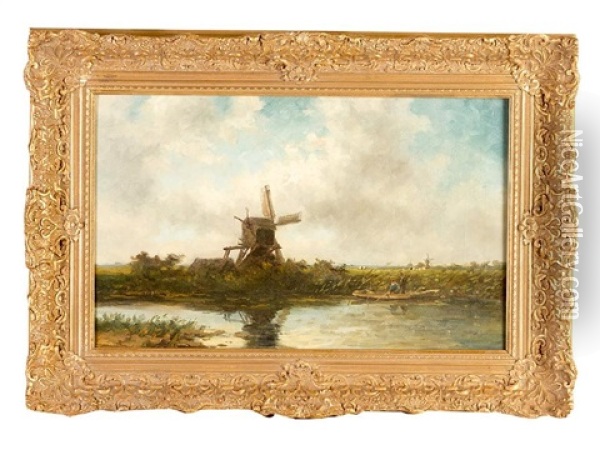 Dutch Landscape With Windmill And Couple On A Boat By River Oil Painting - Hendrik Dirk Kruseman van Elten