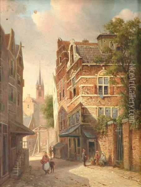 Follower Of Pieter Christan Dommersen Dutchstreet Scene Oil Painting - Pieter Christiaan Cornelis Dommersen