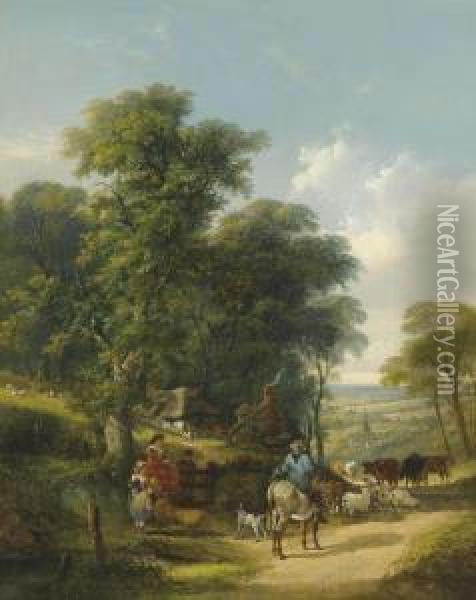 A Herdsman With Cattle And Sheep On A Country Road, Passing Cottages Oil Painting - Henry Shayer