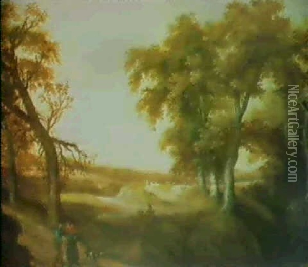 A Wooded Landscape With Figures On A Path Oil Painting - Willem Van Den Bundel