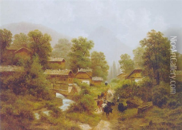Heimtrieb, Bauernjunge Mit Kuhherde Auf Dem Weg In Ein Alpendorf Oil Painting - Albert Lang