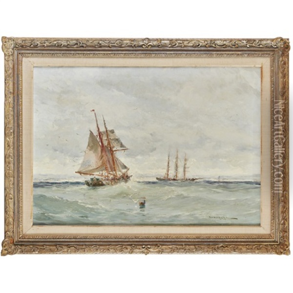 Fishing Vessel And Merchantman Off The Coast Oil Painting - William Wilson