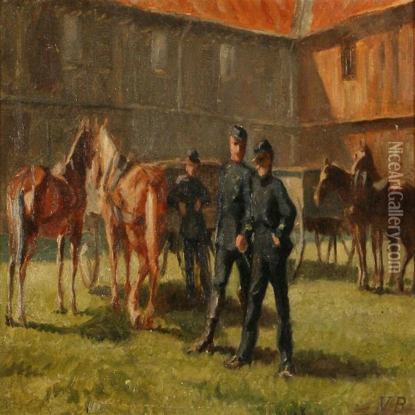 Soldiers And Their Horses At An Estate Oil Painting - Gustav Vilhelm Blom