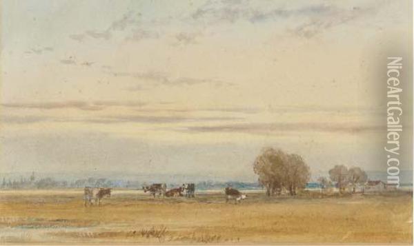 Cattle Grazing In The Water Meadows At Sunset Oil Painting - Thomas Lound