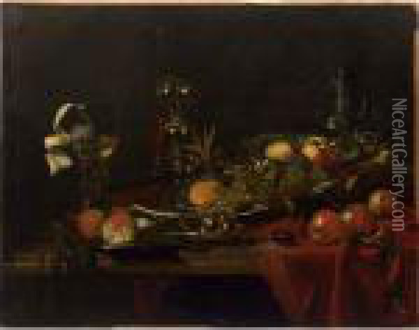 A Sumptuous Still Life Of Peaches On A 
Kraak
 Porcelain Dish,apples, A Mandarin On A Silver Dish And Three Apricots On A 
Puntschotel,
 With A Roemer, A Silver Gilt Goblet And An Earthenware Jug, All On A Marble Table, Draped With A Red Cloth Oil Painting - Willem Kalf