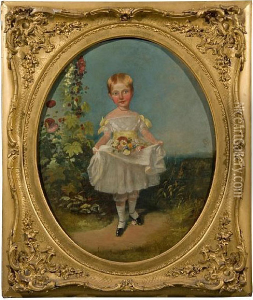 Child Gathering Flowers Oil Painting - R.T. Bott